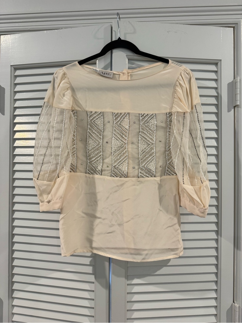 Beaded Cream Blouse with Sheer Striped Sleeves